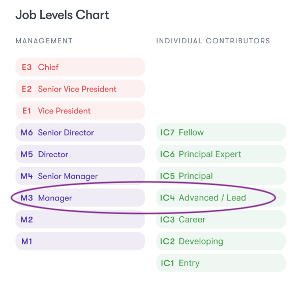 M3 Manager vs. IC4 Advanced / Lead — Where the Management and IC Tracks Converge A job levels chart showing two parallel tracks: Management on the left (M1 through E3) and Individual Contributors on the right (IC1 through IC7). The M3 Manager and IC4 Advanced / Lead levels are circled together, highlighting that these two roles sit at a comparable level of scope and impact despite being on different tracks.