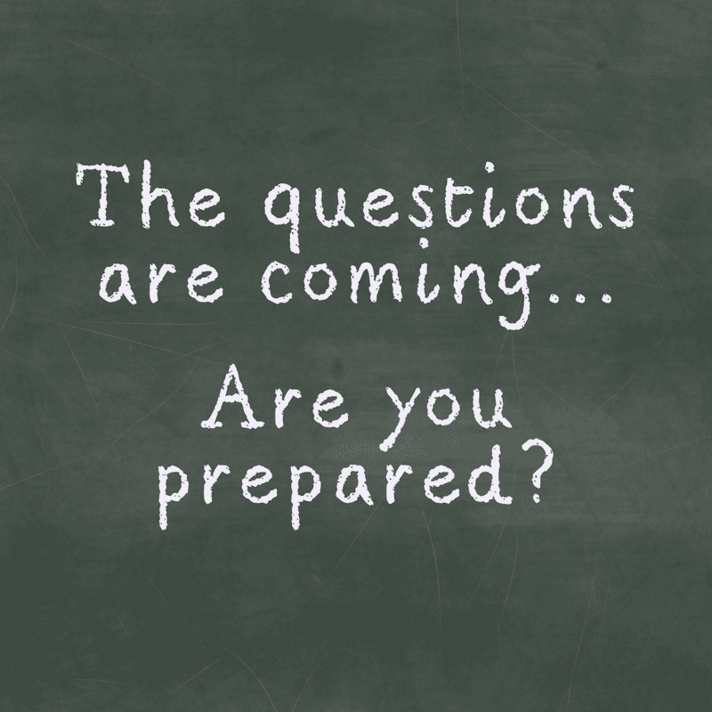 Are you prepared? Chalkboard background with handwritten white chalk text that reads, “The questions are coming… Are you prepared?”