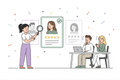 An illustration showing the recruitment and candidate evaluation process. On the left, a woman uses a magnifying glass to examine candidate profiles. In the center, a highlighted profile card displays a woman's photo with a green checkmark and five gold stars, indicating a top candidate. To the right, two colleagues sit at a desk reviewing candidates on a laptop. Additional candidate profiles are visible in the background. Colorful decorative dots and lines surround the scene, emphasizing the active hiring workflow.