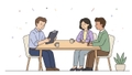 Illustration of a compensation professional interviewing with two company leaders about a compensation leadership role.