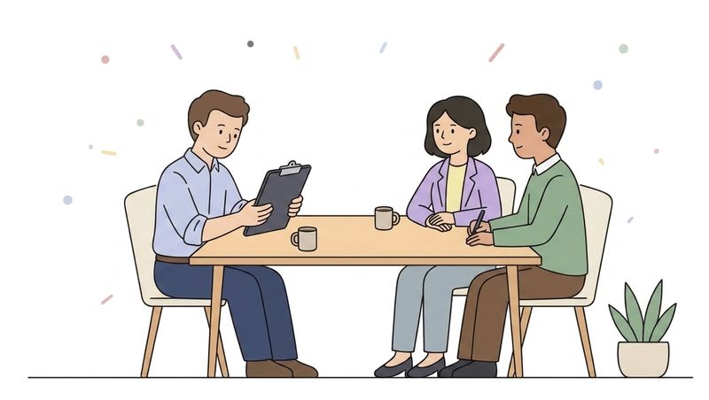 Compensation Leadership Job Interview Illustration of a compensation professional interviewing with two company leaders about a compensation leadership role.