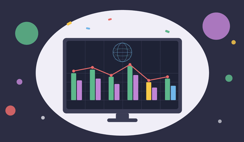 Illustration of a computer screen displaying global compensation data charts and salary trends, representing market analysis and pay benchmarking across countries.