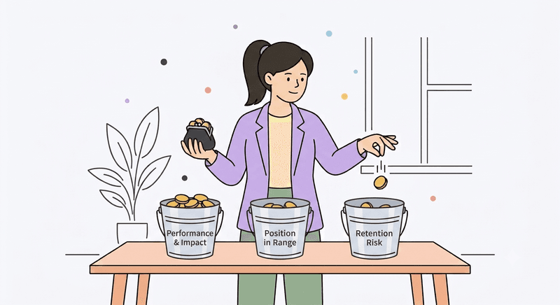 Making the Most of a Small Salary Budget Illustration of a People professional comparing compensation factors, including performance and impact, position in range, and retention risk.
