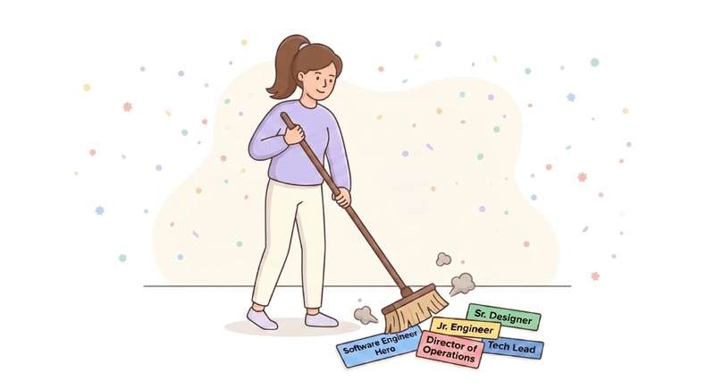 Cleaning Up Title Inflation Illustration of a person sweeping away inflated job titles like "Director of Operations" and "Software Engineer Hero," symbolizing the process of cleaning up title inflation and creating a consistent job architecture for fair compensation and career leveling.