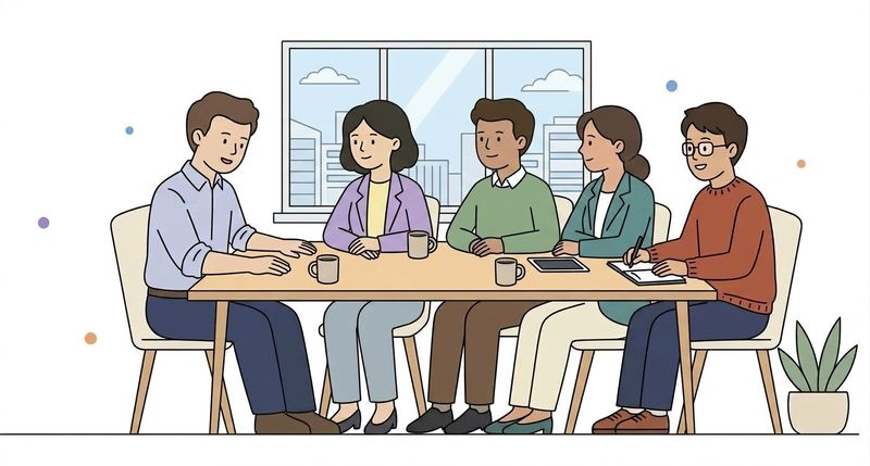 Illustration of five professionals sitting around a conference table in a bright office setting, discussing an executive job opportunity. One person appears to be leading the conversation while others listen and take notes.