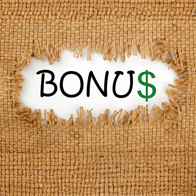 Text reading “BONUS” with the dollar sign styled in green, revealed through a torn opening in a burlap or woven fabric background.