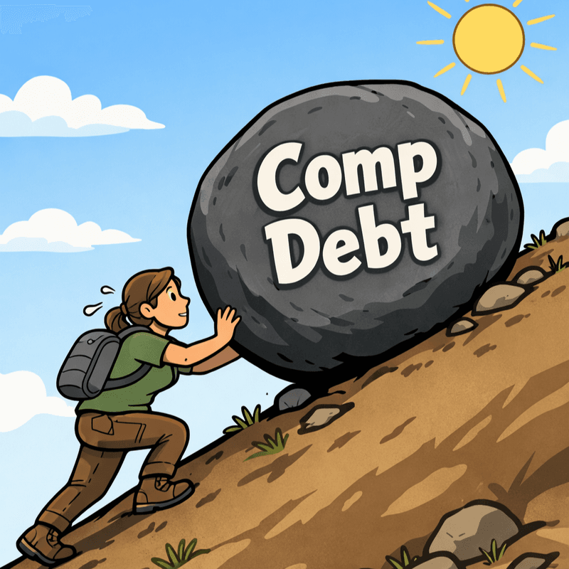 Comp debt Illustration of a person pushing a large boulder labeled “Comp Debt” uphill, symbolizing the growing burden of compensation debt caused by accumulated pay decisions.