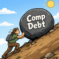 Illustration of a person pushing a large boulder labeled “Comp Debt” uphill, symbolizing the growing burden of compensation debt caused by accumulated pay decisions.