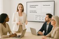 A compensation leader reviewing compensation philosophy, pay strategy, compensation benchmarking and total rewards with their HR Leadership.