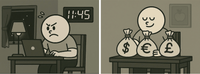 An employee in two situations — at first disgruntled, and then happy �— when reviewing Profit Interest Units