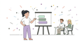 Illustration of a manager presenting a structured framework on a board to two seated colleagues, symbolizing clear communication and guided compensation conversations.