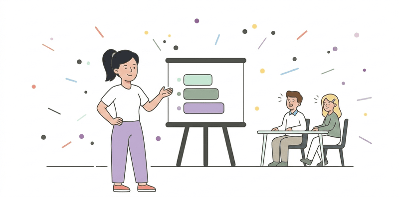 Illustration of a manager presenting a structured framework on a board to two seated colleagues, symbolizing clear communication and guided compensation conversations.