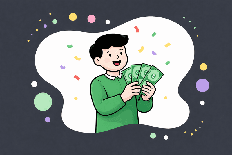 Bonus Rewards and Compensation Success Illustration of a smiling person holding cash with colorful confetti around them, representing financial rewards, bonuses, or compensation success.